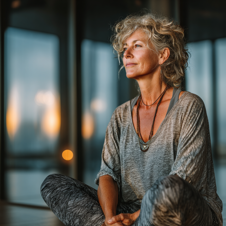 Старша жінка практикує йогу в спокійній обстановці