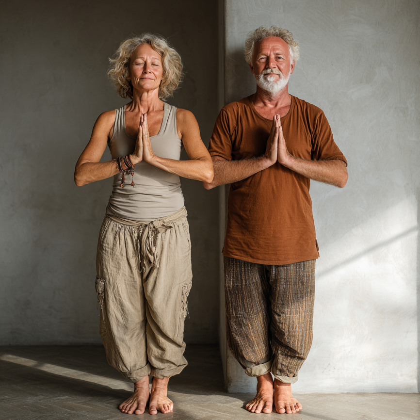 Група літніх людей займається йогою в парку